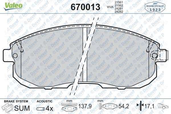 VALEO 670013 On Fren Balatasi  Nissan Juke (10>)/Maxima Qx (94>99)/Maxima (88>94)/Pulsar (14>)